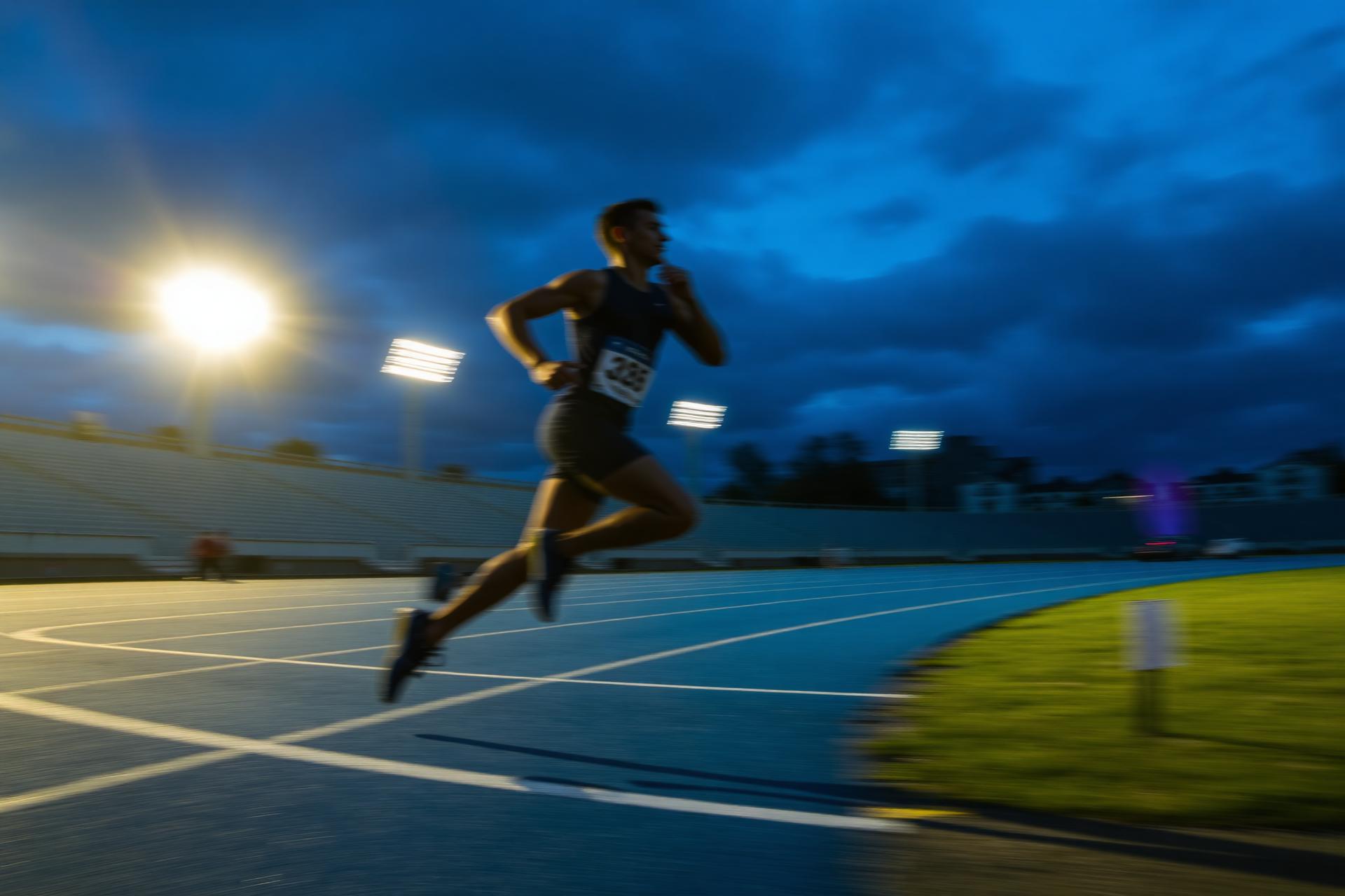 Atleta correndo na pista ao entardecer